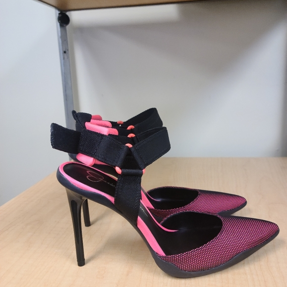 Neon Pink & Black Ankle Strap Pumps - Picture 3 of 10